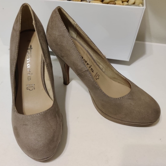 TAMARIS Wortmann KG Suede Nude Platform Pumps‎ Taupe SZ 36 EU Round Toe Slip On - Picture 6 of 15